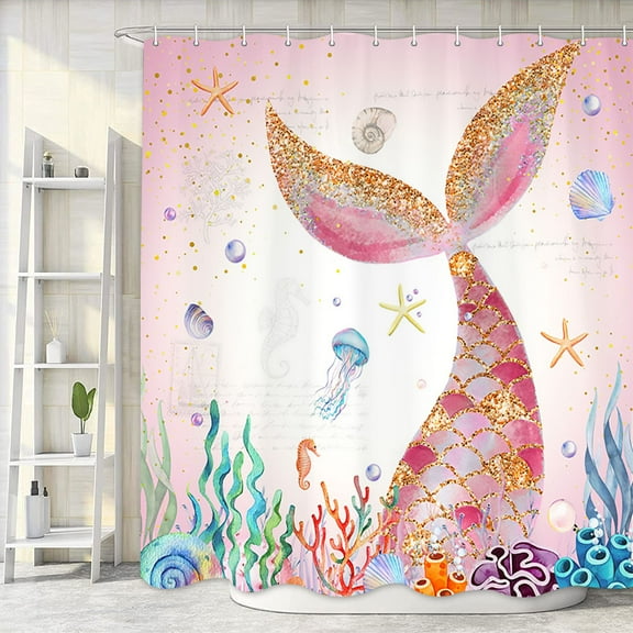 Pink Mermaid Shower Curtain, Sea Ocean Coral Reef Fish Seashell Nautical Theme Waterproof Fabric Bathroom Curtains, Cute Kids Bathroom Shower Curtain with 12PCS Hooks, 72X72IN