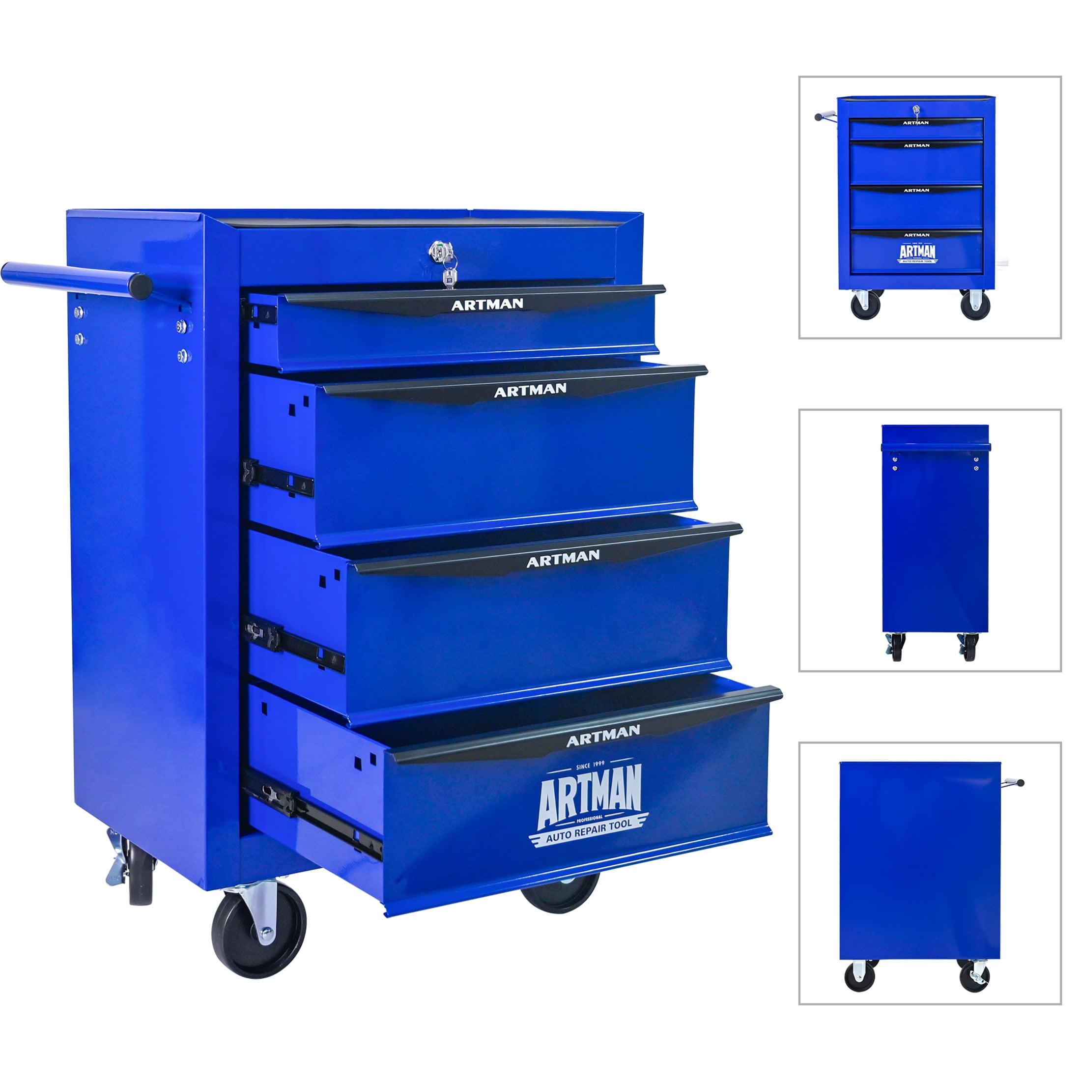 Noble House 4-Drawer Mobile Steel Tool Organizer with Key Lock, Ball Bearing Slide Storage Cabinet Box, Blue