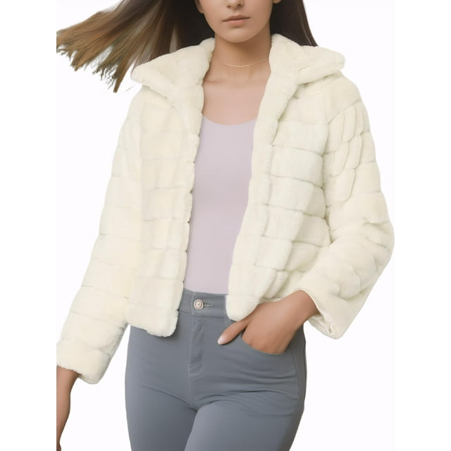 INSPIRE CHIC Veste Courte en Fausse Fourrure pour Femmes Col Rabattu Ouvert devant S Blanc