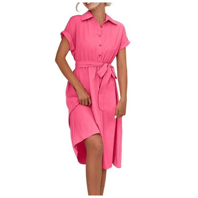 Vestido camisero midi elegante con cuello en V para mujer - Vestido informal de manga corta y largo hasta la rodilla - Atuendo de verano para fiestas de trabajo