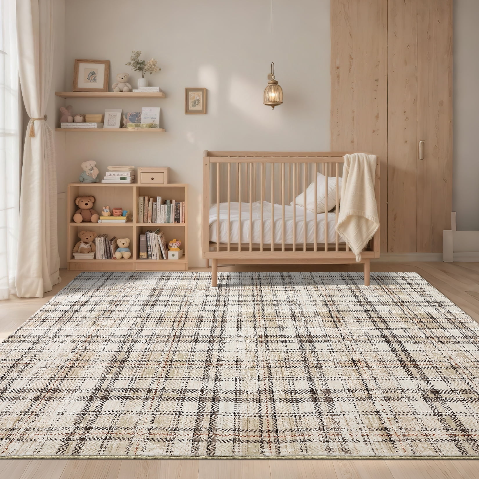 Garvee Washable Rug 6x9 Modern Plaid Area Rug, Non Slip Stain Resistant Rug Geometric Carpet for Living Room Bedroom Home Office, Beige
