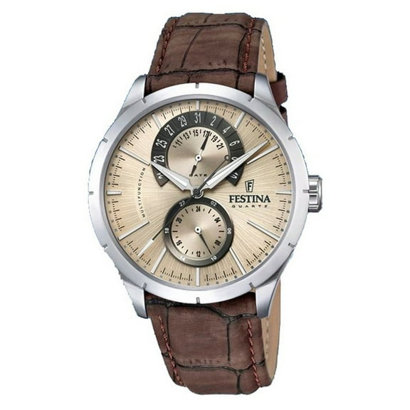 Festina Retro Leather Strap Multifunction Beige Dial Quartz F16573-9 Men's Watch
