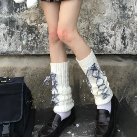 

1 Pair Leg Warmers Knee High Plaid Lace-up Solid Color Stretchy Japanese Style Cold Resistant JK Uniform Access