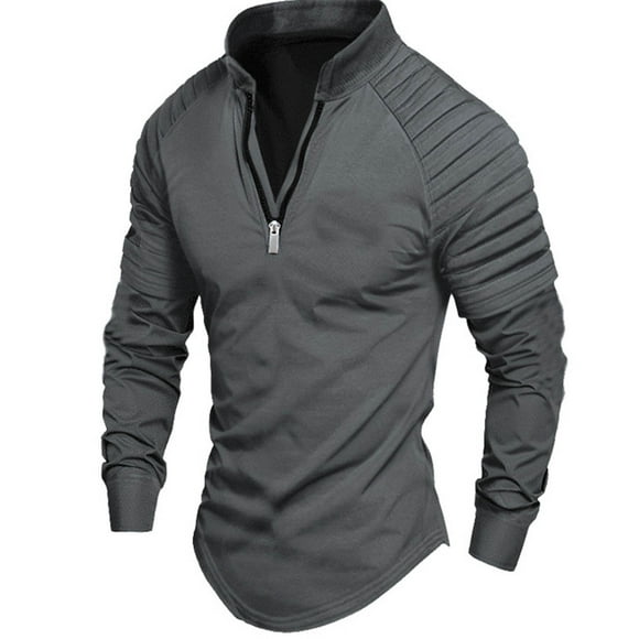 Mens Solid Color Zippered Long Sleeved Sports Shirt