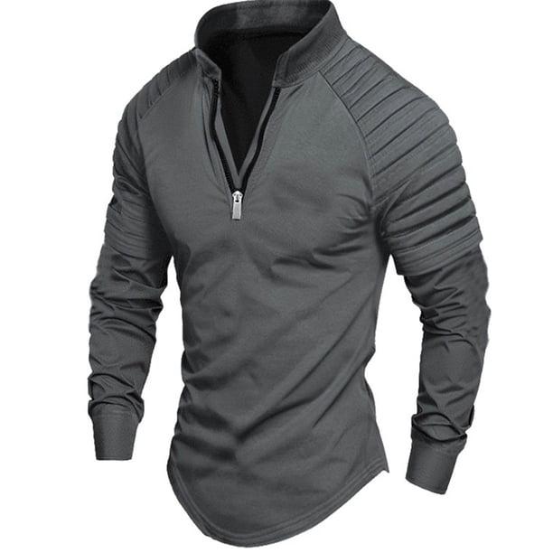 pstuiky camisas de manga larga para hombre, Camisa deportiva de manga larga con cremallera de color liso para hombre Tops de talla grande para hombre l
