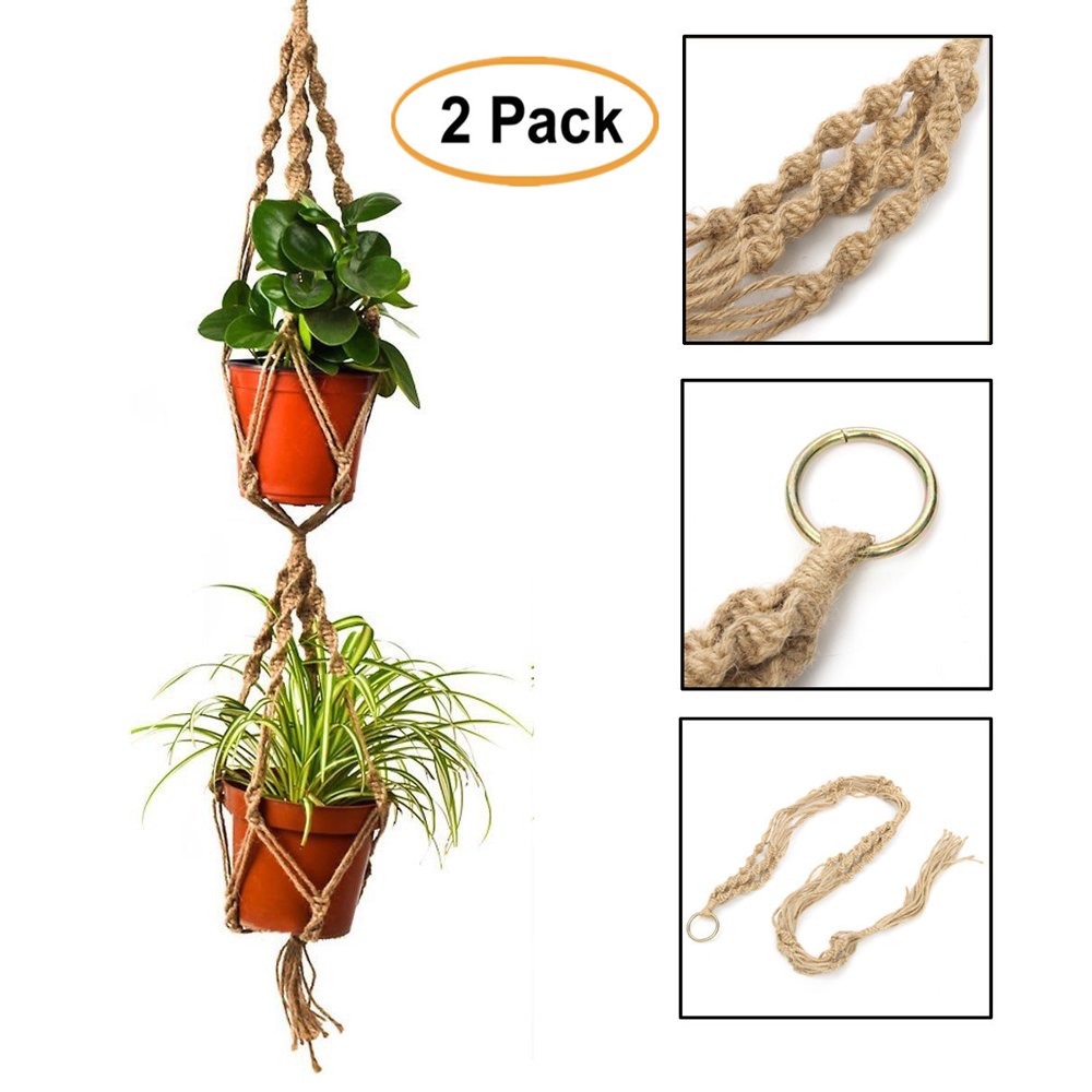 2Pcs 43.3" Hemp Jute Rope Plant Hanger Two Pot Holder Macrame Hanging