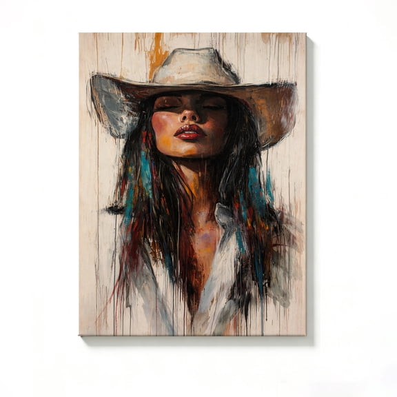 Lavish Cover 8x10 Inch Abstract Cowgirl Woman Portrait Canvas Wall Art, Vintage Drip Impasto Western Farmhouse Decor, No Frame