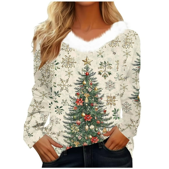 Womens Christmas Tops Long Sleeve Shirts Autumn Winter Casual Fashion V Neck Collar Print Casual Fall Clothes For Women Tees Blouses