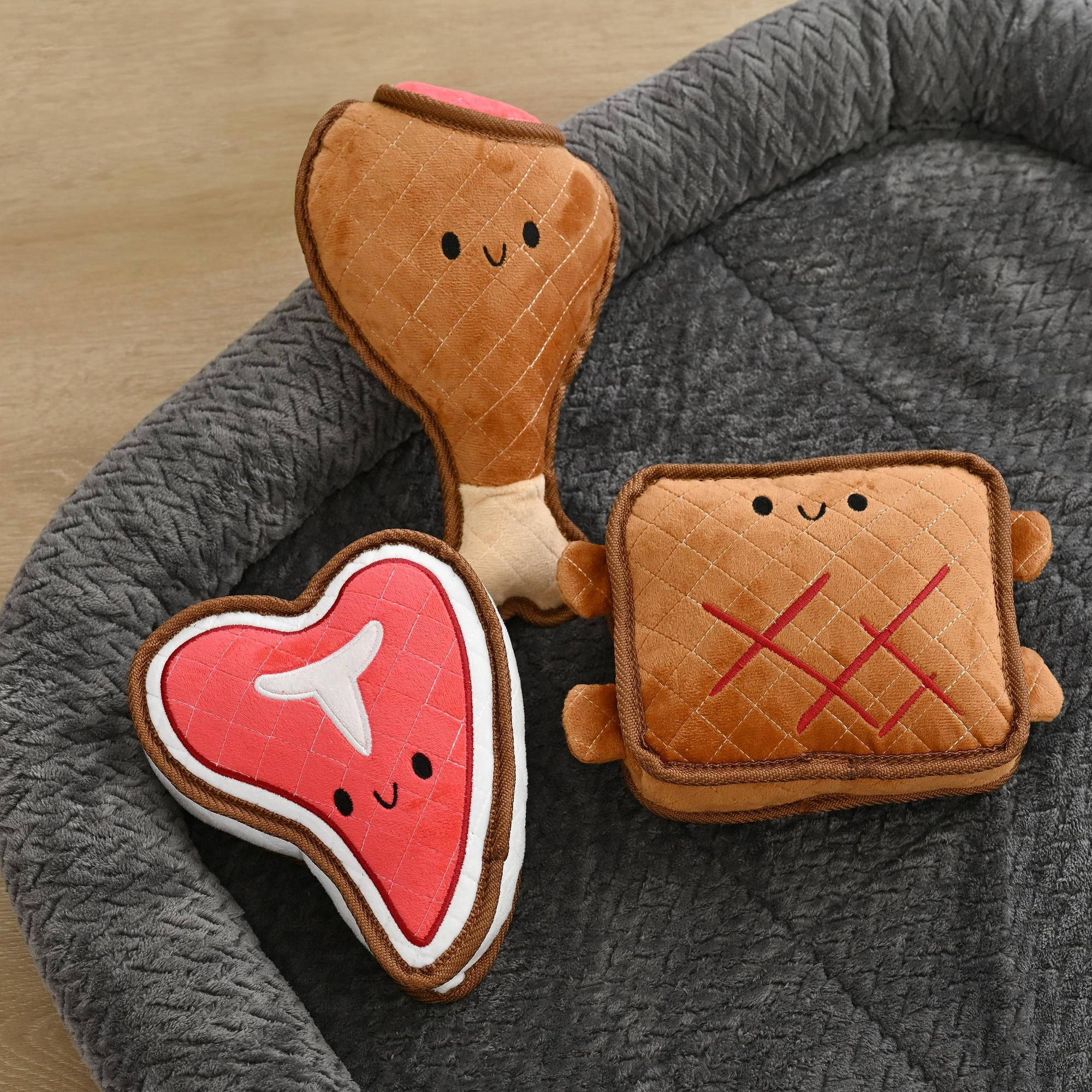 Max & Marlow Indestructible Plush Dog Chew Toy for Aggressive Chewers, Chicken, Beef, and Sandwich 3 Pack