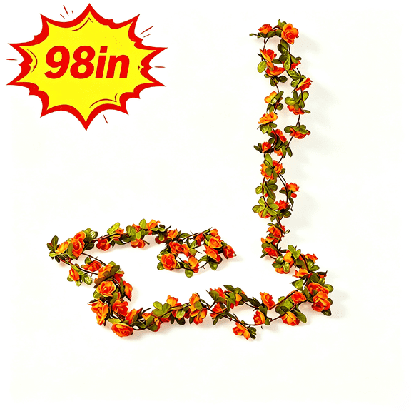 MMJ 98In Artificial Orange Rose Fall Garland, Fake Floral Vine with Green Leaves, Flexible Hanging Flower Garland for Fall Thanksgiving Home Wedding Arch Wall Party Decor