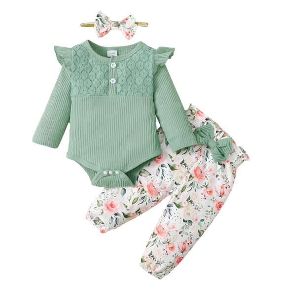 KIMI BEAR Infant Baby Girl Outfits 12-18 Months Fall Winter Clothes Sets Flying Long Sleeve Romper Top Bowknot Floral Pants Headband 3pcs Sets Green
