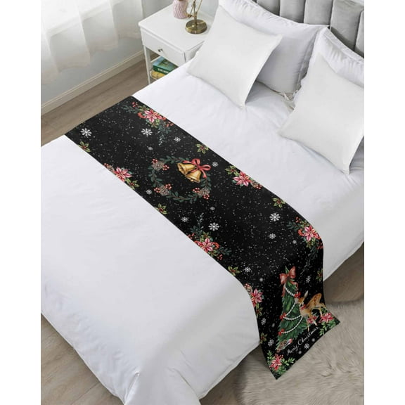 Bed Runner Scarf King Size, Christmas Deer Stain Bed Runners & Scarves for Foot of Beds, Winter Xmas Snowflakes Bow Tree Black Decorative Bedding Runner Scarf for Hotel Home Bedroom