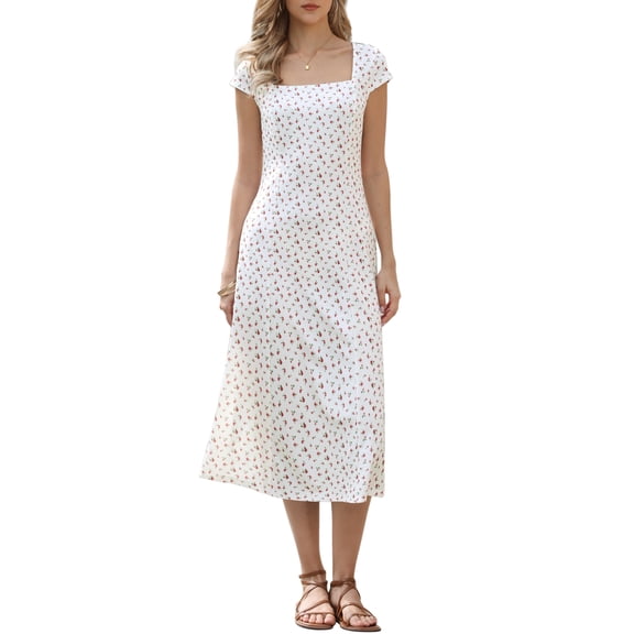 INSPIRE CHIC Floral Dress for Women's Square Neck Cap Sleeves Summer Casual Maxi A-Line Dresses XS White