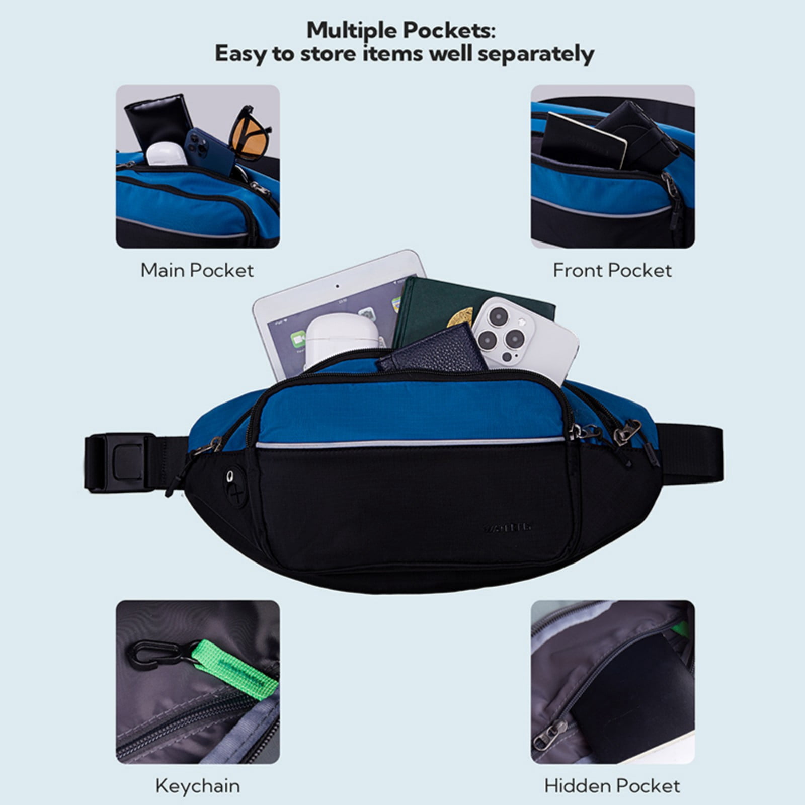 WATERFLY Unisex Hiking Walking Travel Nylon Fanny Pack Waist Bag,Black with Sky Blue