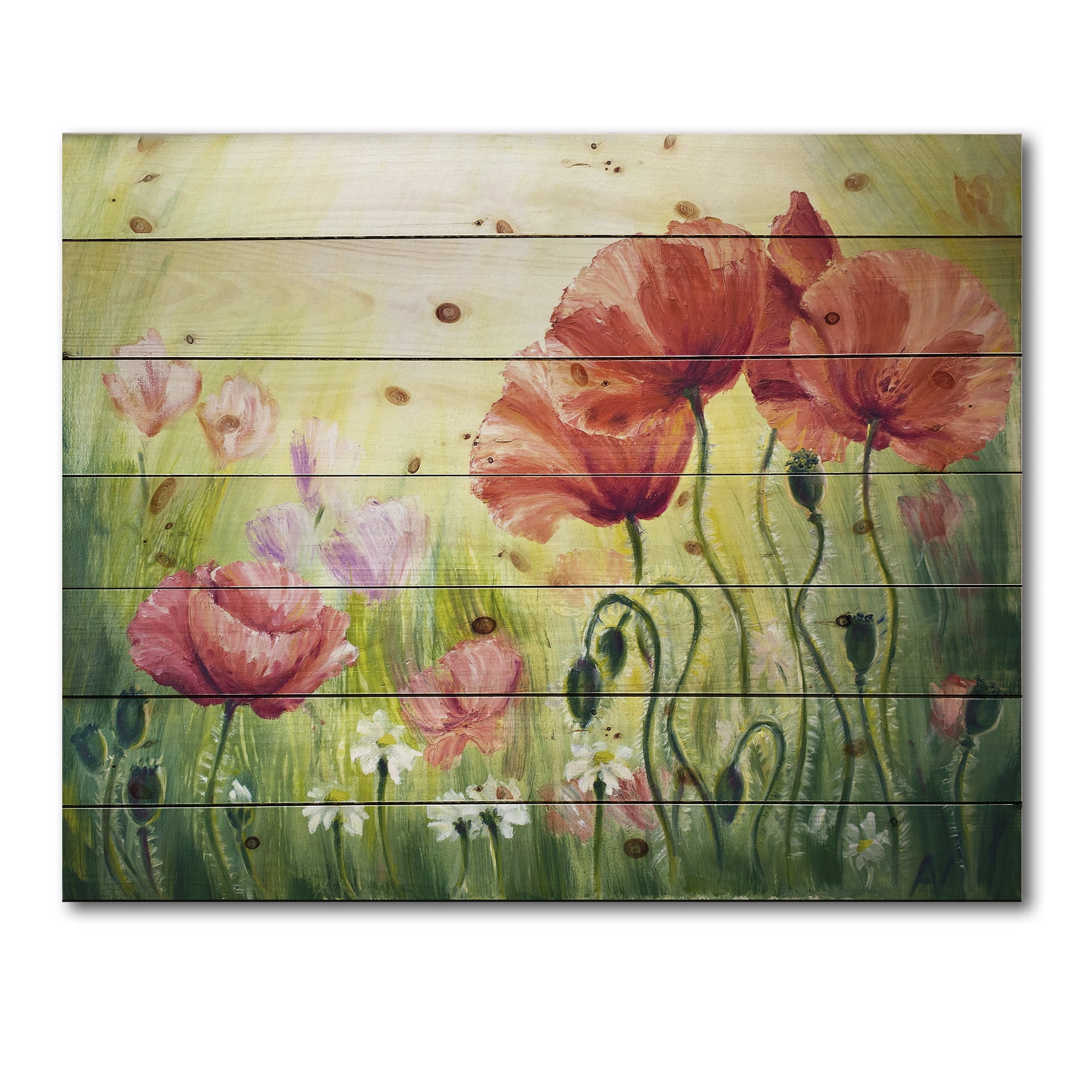 Designart 'Blossoming Red and Purple Poppies In The Morning I' Traditional Print on Natural Pine Wood