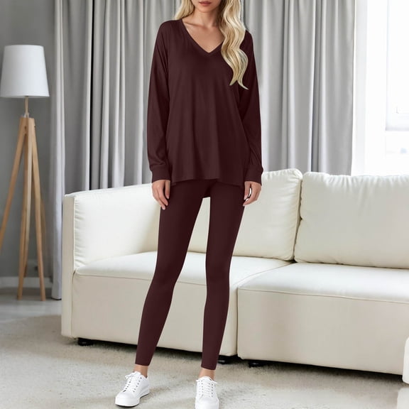LEWKW Casual Lounge Sets for Women Oversized Long Sleeve V Neck Tunic Top And Stretchy Leggings 2 Piece Outfits Relaxed Soft Comfy Daily Tracksuits