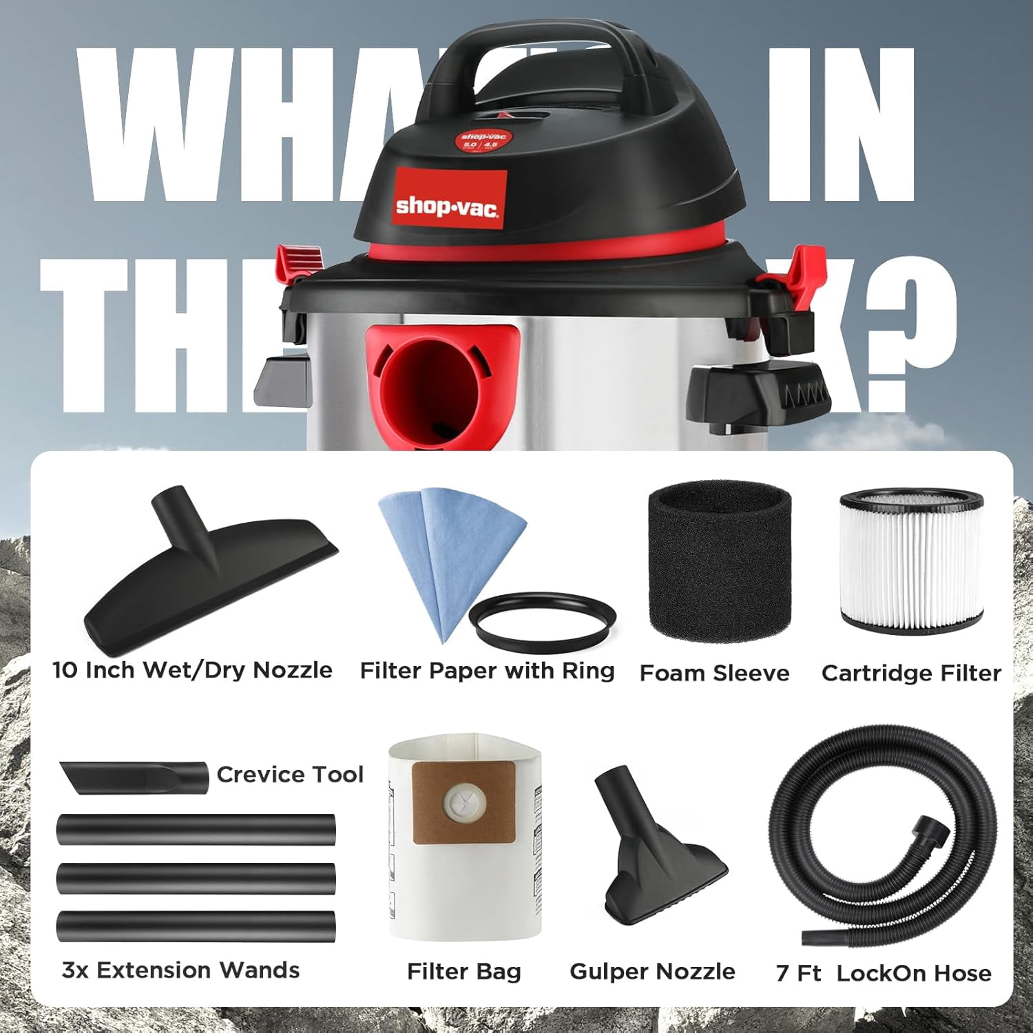 Shop-Vac Wet/Dry Vacuum Cleaner, 5 Gallon, 4.5 HP, Corded Electric, Silver, Model 5989300 for Garage Use