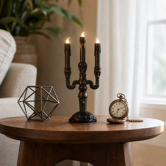 Gold Skull Candle Holder with LED Flameless Light, Gothic Halloween Tabletop Decor, Antique-Style Electronic Candelabra Centerpiece for Mantel Shelf Party Gift