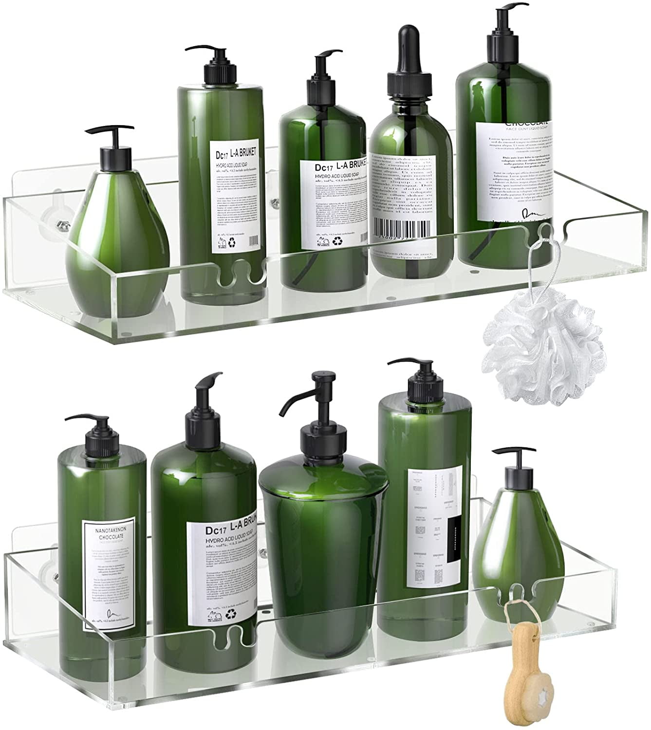 XQIGI Acrylic Shelves Bathroom 2 Pack Clear Shower Floating Shelf with  Hooks Transparent Wall Mounted No