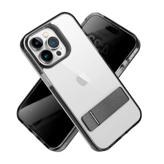 For Apple iPhone 14 Pro Max Transparent Sturdy Metal Kickstand Hybrid Dual Layer Tough Shockproof Hard PC TPU Cover ,Xpm Phone Case [ Smoke Gray ]