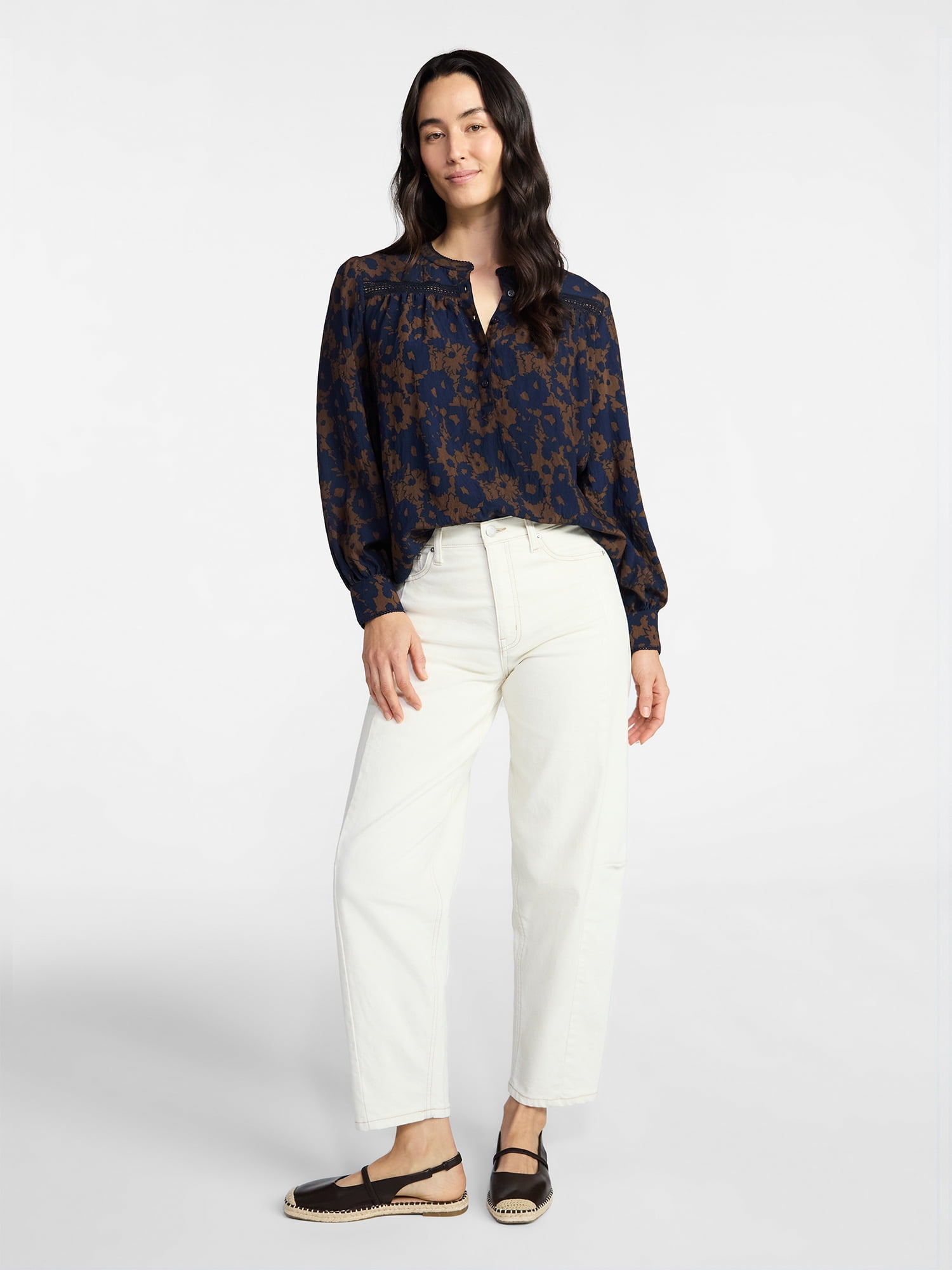 Time and Tru Women's Lace Yoke Shirt with Long Sleeves Sizes XS-XXXL