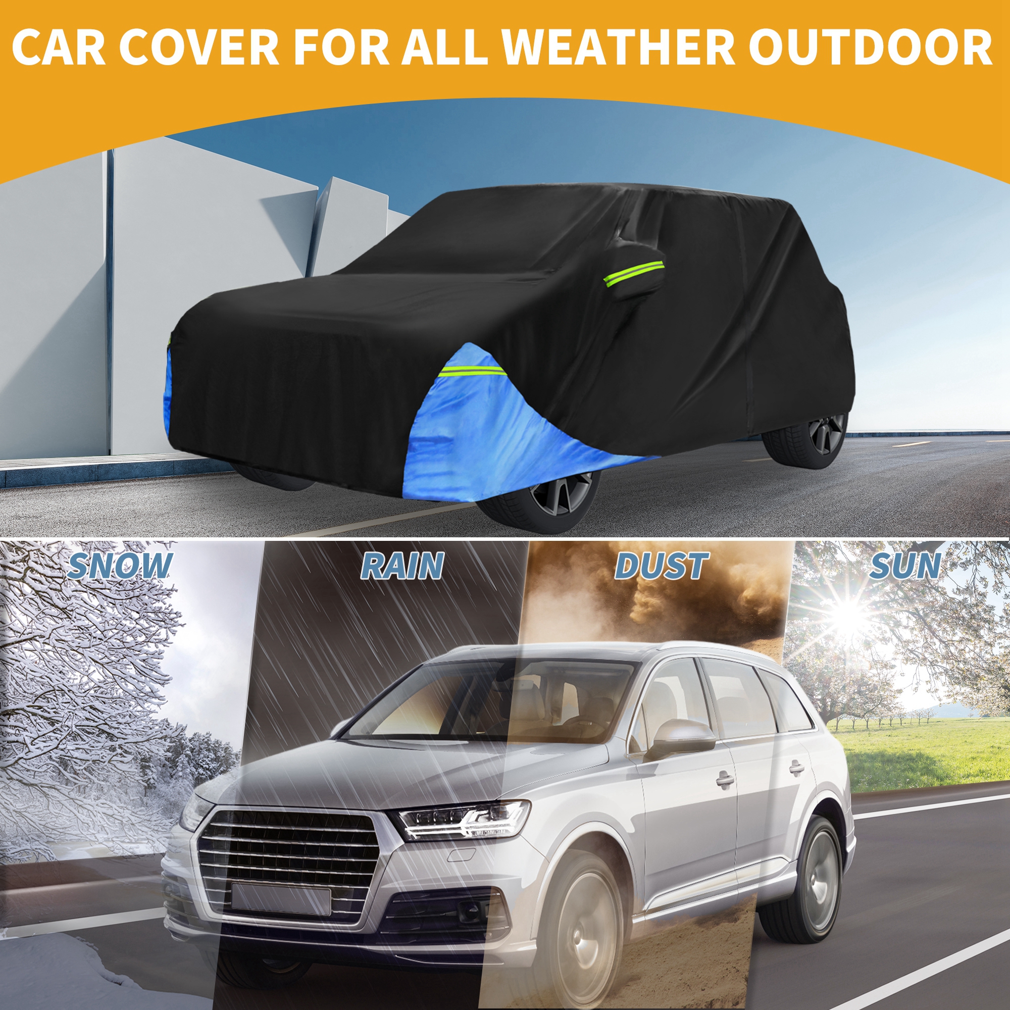 Unique Bargains Full Car Cover 210D Oxford Black Blue 155.51"x68.90"x53.15"