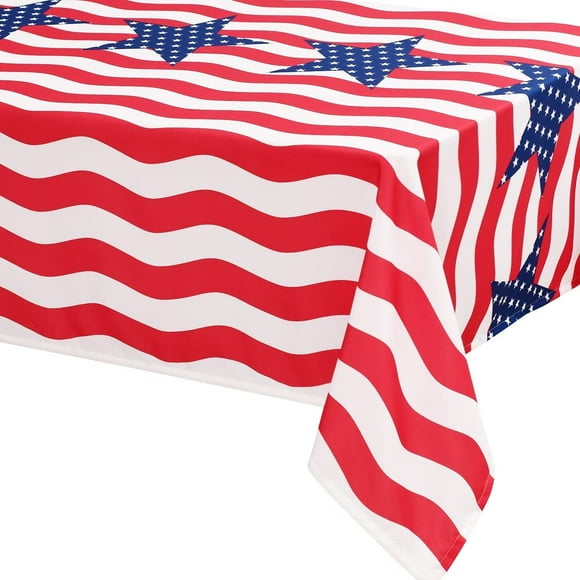 4th of July Tablecloth Rectangle, 60 x 84 Inch - Washable Fabric Table Cloth for Patriotic Independence Day, July 4th Party, Memorial Day, Indoor/Outdoor Use, Red White and Blue