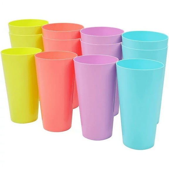 24-ounce Plastic Tumblers Unbreakable Large Drinking Glasses,Reusable Drinking Tumblers in 4 Colours, Set of 12 - Dishwasher Safe, BPA Free Plastic Cups