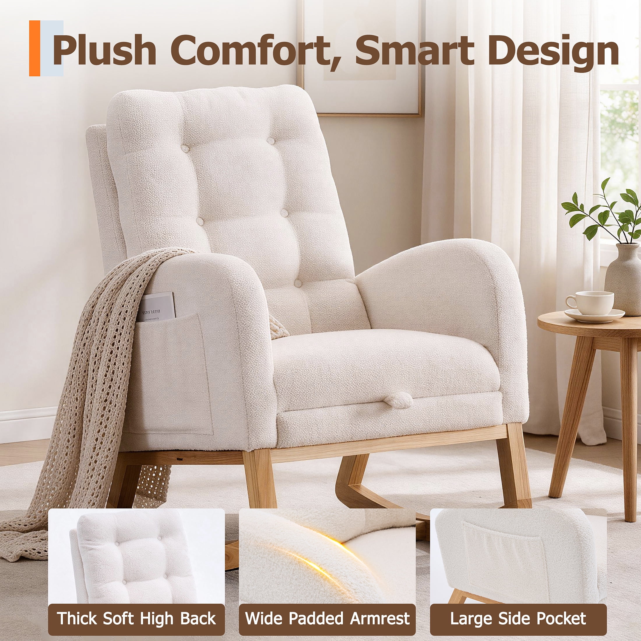 UHOMEPRO Upgraded Rocking Chair for Nursery, Modern Teddy Glider Rocker Chair with Footrest, High Backrest, Solid Wood Frame, Cream