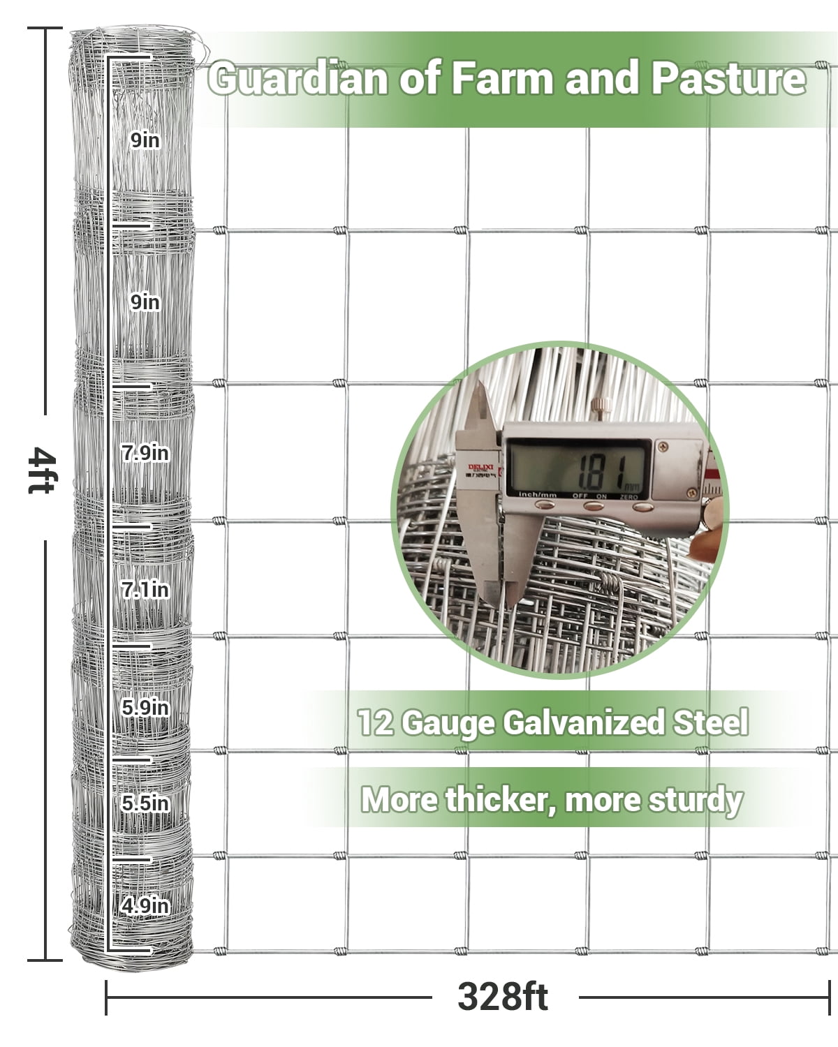 Mescukay 4 x 328 FT Farm Fence Galvanized Steel Wire Mesh, Livestock Enclosure for Goats, Deer, Hogs, Cattle, Rust Resistant Animal Protection Fencing