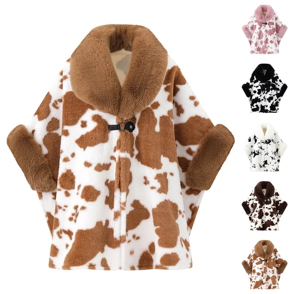 Fewfanhot Faux Fur Trim Cute Cow Print Poncho Cape, Warm Fleece Lined Open Front Wrap Coat for Women Winter