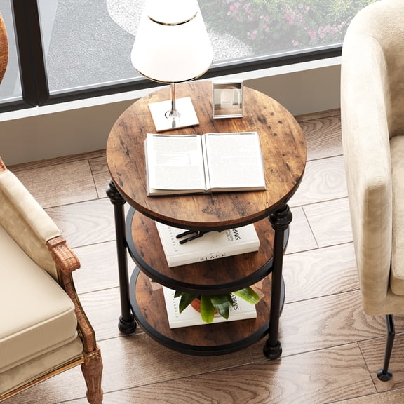 End Table 3-Tier Round Side Table with Storage Shelf, Wood Night Stand for Bedroom