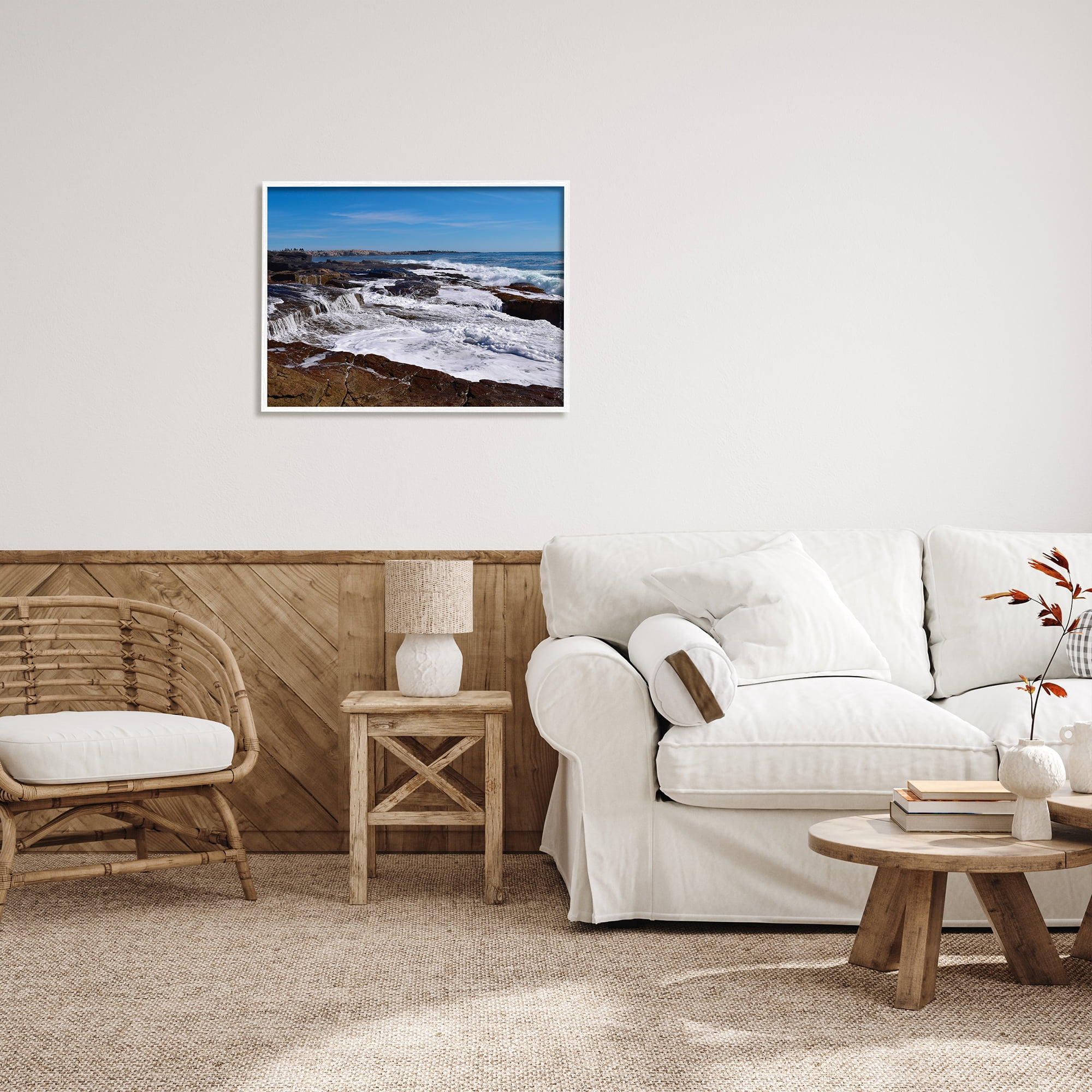 Stupell Industries Ocean Cliff Waterfall Nature Photography White Framed Art Print Wall Art, 30 x 24