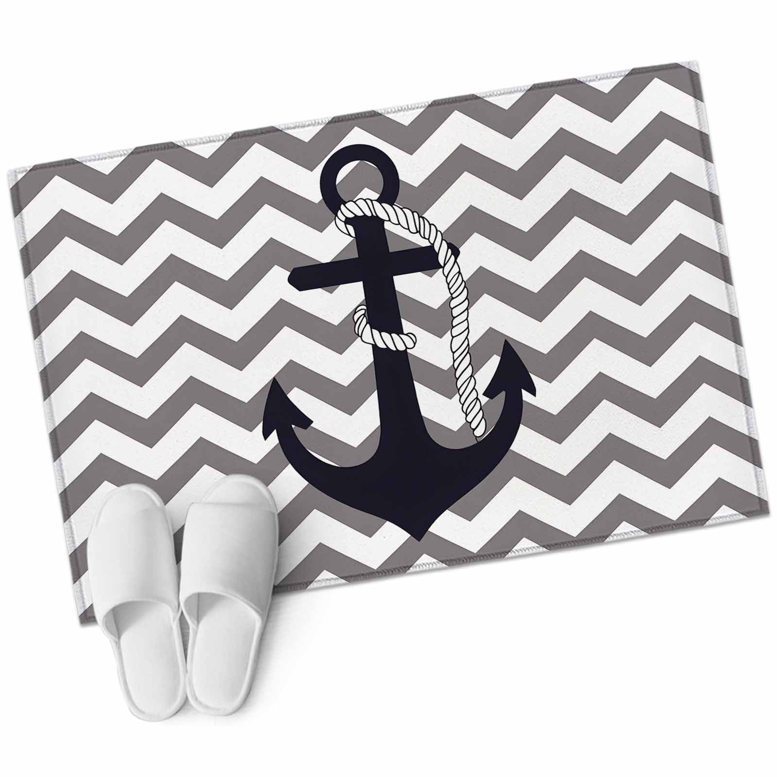 Black Nautical Anchor 2x3 Door Mat Rug, Gray Stripe Modern Wavy Lines Non-Skid Rubber Backing Large Rectangle Rugs - Living Room Bedroom Home Office, Indoor Floor Mat Carpets Washable Rug