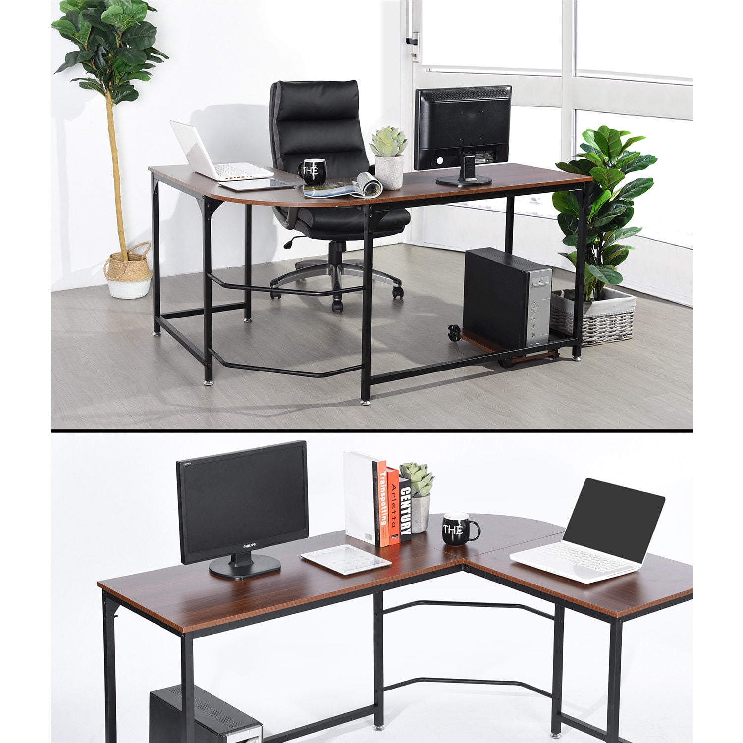 Reversible Panels L Shaped Wood Corner Computer Desk Pc Laptop Steel Table Workstation Home Office