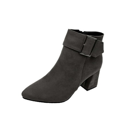 

Daeful Women s Suede Leather Booties Low Mid Block Heel Ankle Boots Slip On Side Zippers Round Toe Short Boots Grey 5.5