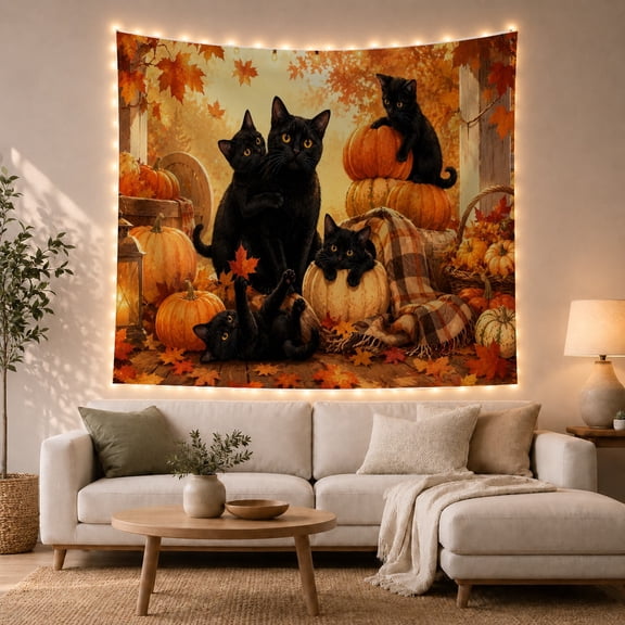 Black Cats Among Pumpkins and Maple Leaves Against Wooden Fence, Cozy Rustic for Cat Lovers, Harvest Wall Decor, Thanksgiving Gift Tapestry Wall Hanging for Living Room and Bedroom