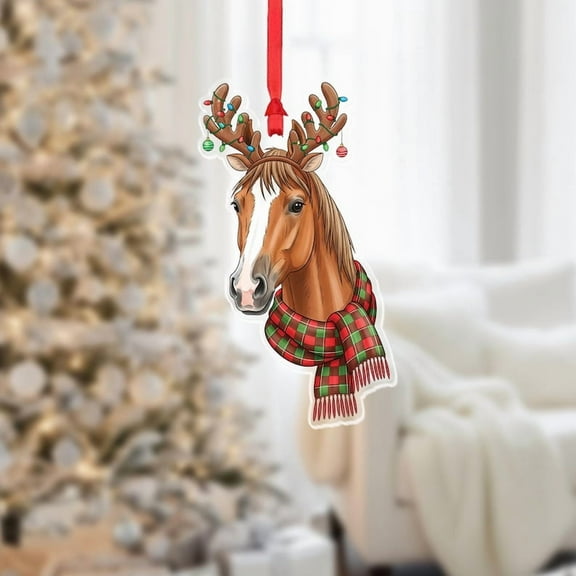 ViciArt Horse Christmas Ornament – Rustic Holiday Tree Decoration with Antlers and Plaid Scarf