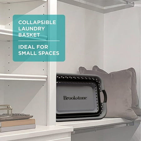 Brookstone 11 Gallon Collapsible Plastic Laundry Basket, Portable Pop-up Hamper, Foldable Storage Container, Washing Tub, Dark Gray