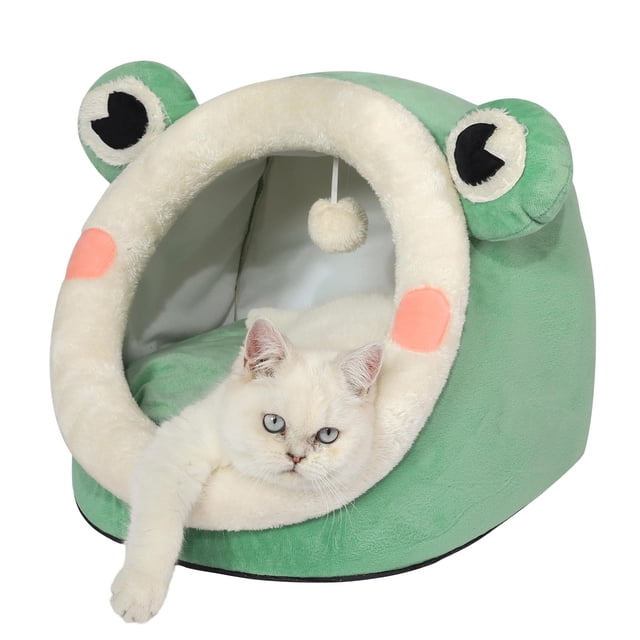 Cama Jiupety con forma de iglú de terciopelo, diseño de rana verde, para gato y perro