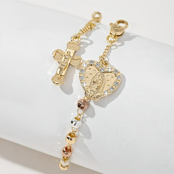 New Religious 14K Yellow Gold Rosary Bead Cross Bracelet For Women Cubic Zircon Virgin Mary San Benito Pulsera Jewelry