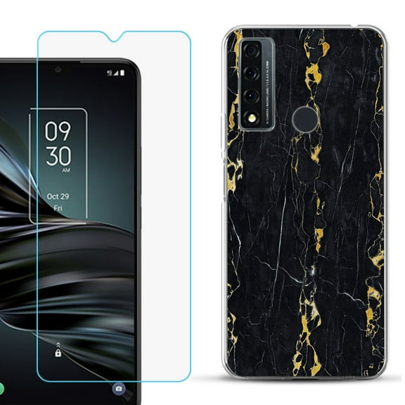 Slim-Fit Fashion Phone Case for TCL 20 XE, with Tempered Glass Screen Protector, by OneToughShield ® - Marble / Gold/Black