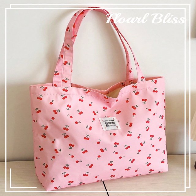 LNGOOR Floral Bliss BagCherry Print Simple Bucket Large One Shoulder Tote Bag For Female Students One Shoulder School Bag