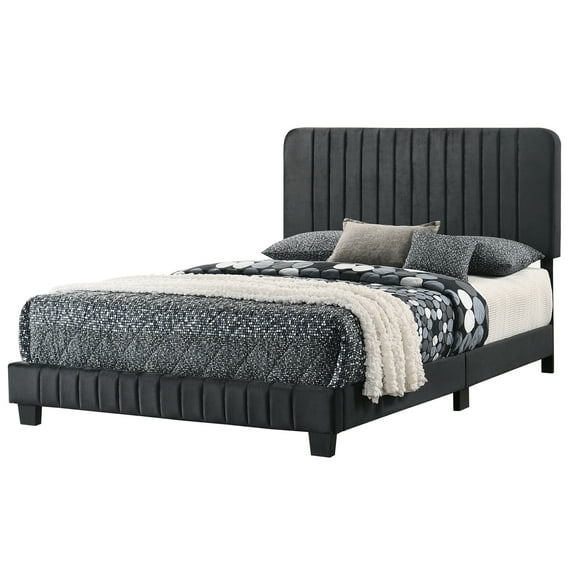 Passion Furniture Lodi Black Velvet Upholstered Channel Tufted King Panel Bed