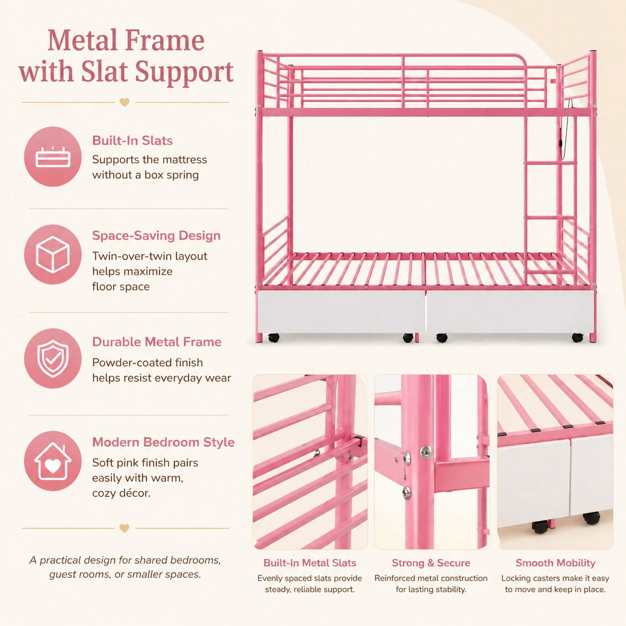Miniyam Twin Over Twin Metal Bunk Bed with Storage Drawers, Convertible Bunk Bed with Guardrails, Ladder, Pink
