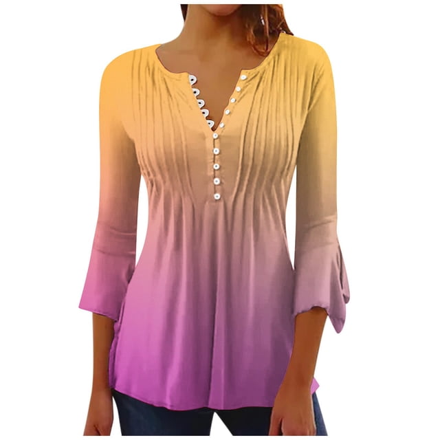 Pompotops Women's Casual Trumpet 3/4 Sleeve Printed Buttoned Basic Ruched Corset Tunic Tops Pleated T-shirts Blouses Clearance