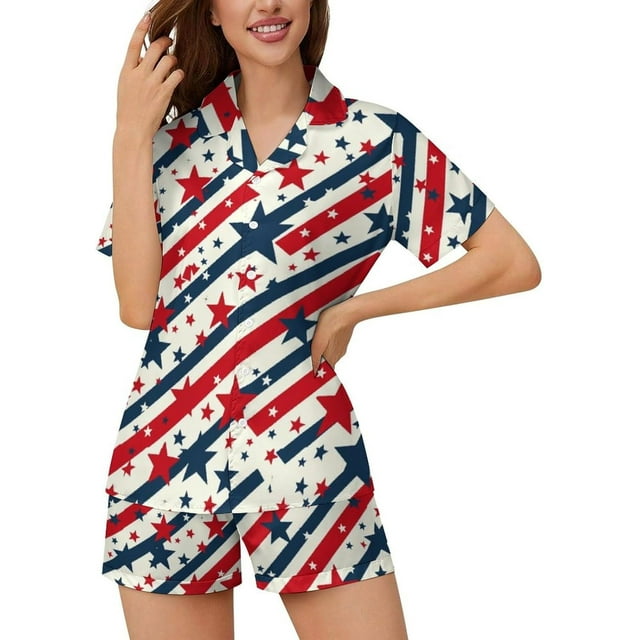 SKQIT Ensembles de Pyjama à Manches Courtes pour Femmes, 2 Pcs Imprimé Mignon Chemise Boutonnée en Satin Doux et Shorts