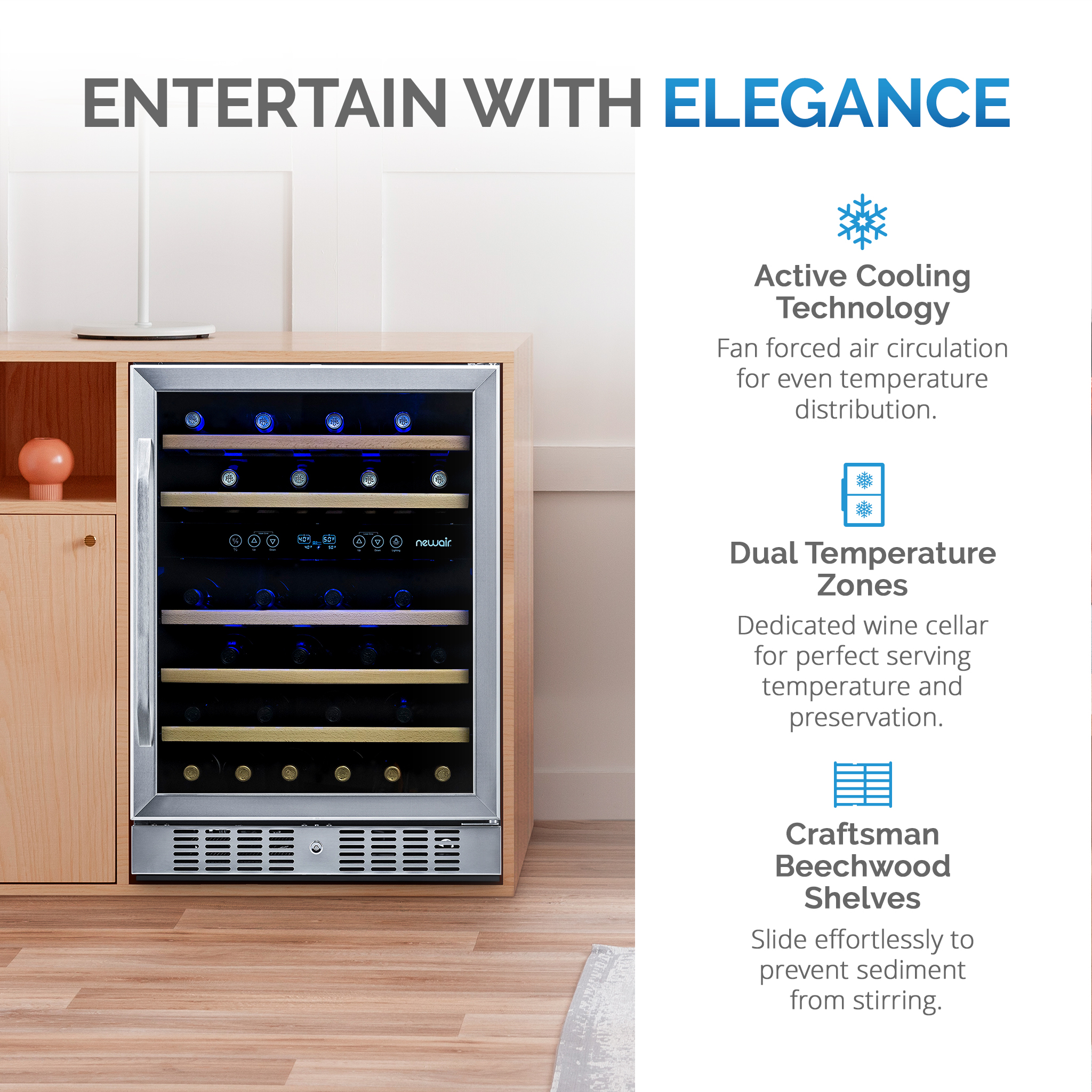 Newair 46-Bottle Dual-Zone Built-In Compressor Wine Refrigerator, Stainless Steel and Wood - image 3 of 14