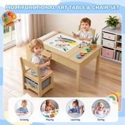 Hijob 5-in-1 Kids Art Table & Chair Set – Convertible Easel with Paper Roll Holder, Storage Drawers & Foldable Craft Desk, Toddler Activity Learning Center for Playroom, Natural Wood