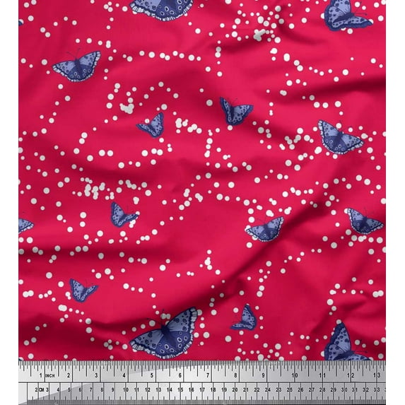 Soimoi Pink Silk Fabric Dot & Butterfly Fabric Prints By Yard 42 Inch Wide